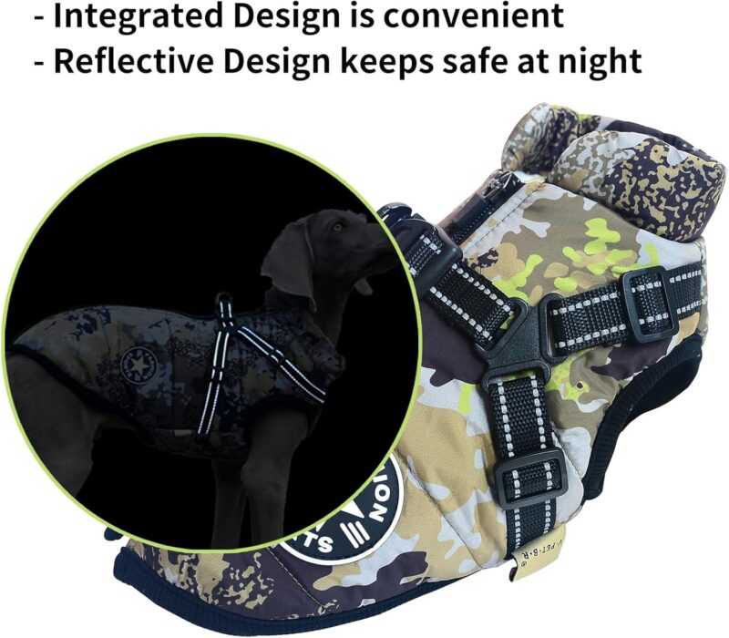 2 in 1 Large Dog Winter Coat Harness, Outdoor Warm Large Dog Jacket, Cold Weather Padded Dog Vest Apparel Clothes for Large Dogs