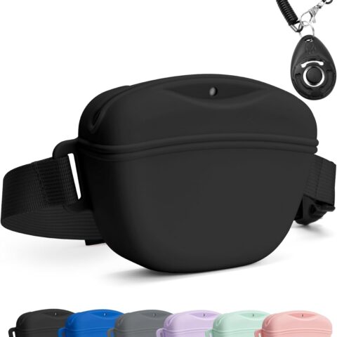 Dog Treat Pouch with Training Clicker, Upgrade Stronger Magnetic Closure to Avoid Spilling, 1.67 Cup Silicone Treat Bag Fanny Pack with Waist Belt for Pet Training Walking