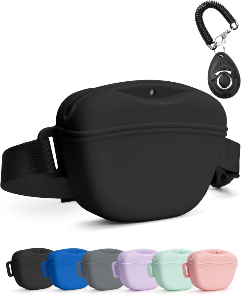 Dog Treat Pouch with Training Clicker, Upgrade Stronger Magnetic Closure to Avoid Spilling, 1.67 Cup Silicone Treat Bag Fanny Pack with Waist Belt for Pet Training Walking