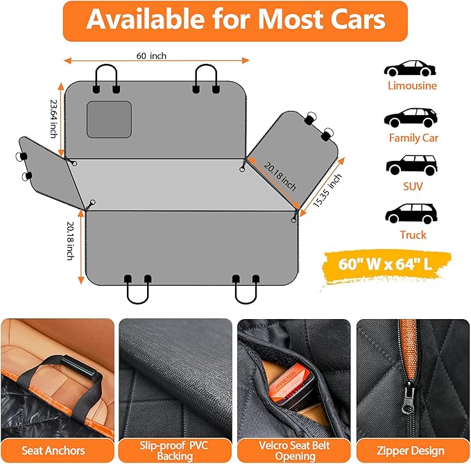 Dog Seat Cover 100% Waterproof Hammock 600D Heavy Duty Scratch Proof Nonslip Durable Soft Pet Back Seat Covers for Cars Trucks and SUVs
