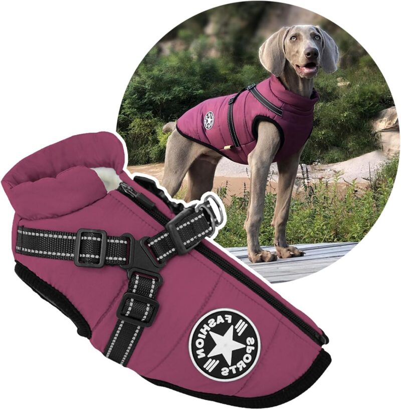 2 in 1 Large Dog Winter Coat Harness, Outdoor Warm Large Dog Jacket, Cold Weather Padded Dog Vest Apparel Clothes for Large Dogs